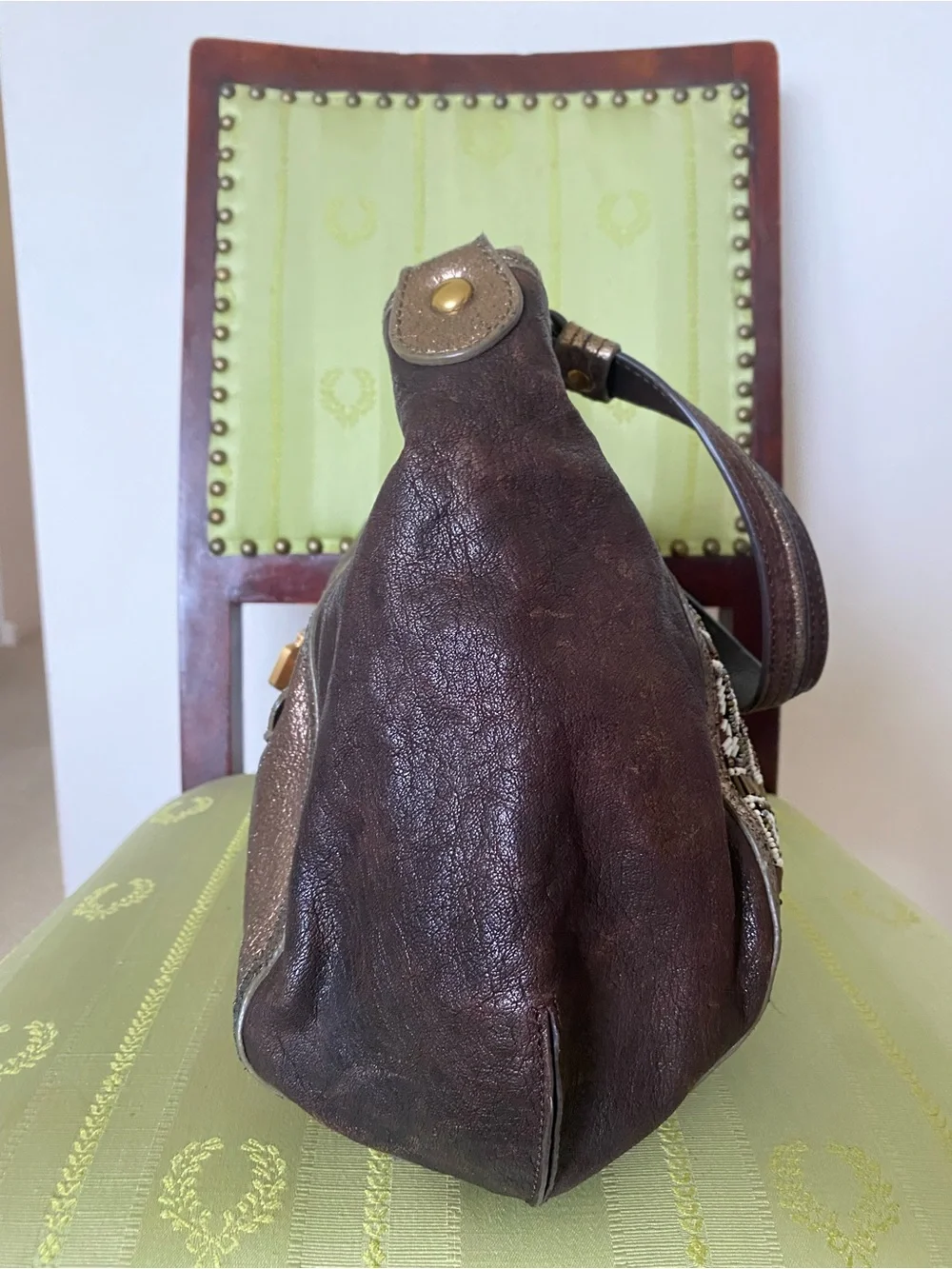 Isabella Fiore VTG Beaded Leather Hobo Shoulder Bag Brown Boho Metallic Art Deco